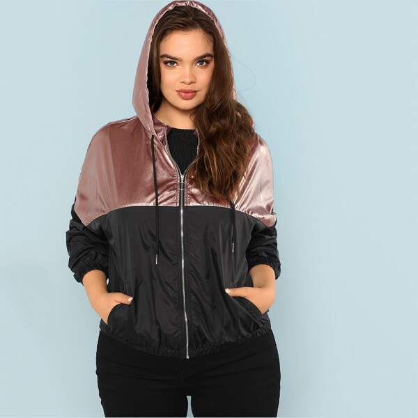 

Plus Two Tone Zip Up Metallic Hoodie Jacket