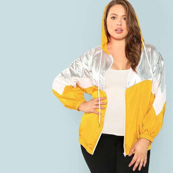 

Plus Two Tone Zip Up Metallic Hoodie Jacket