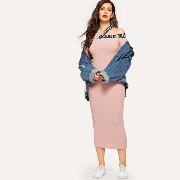 

Lettering Asymmetrical Neck Rib-knit Bodycon Dress