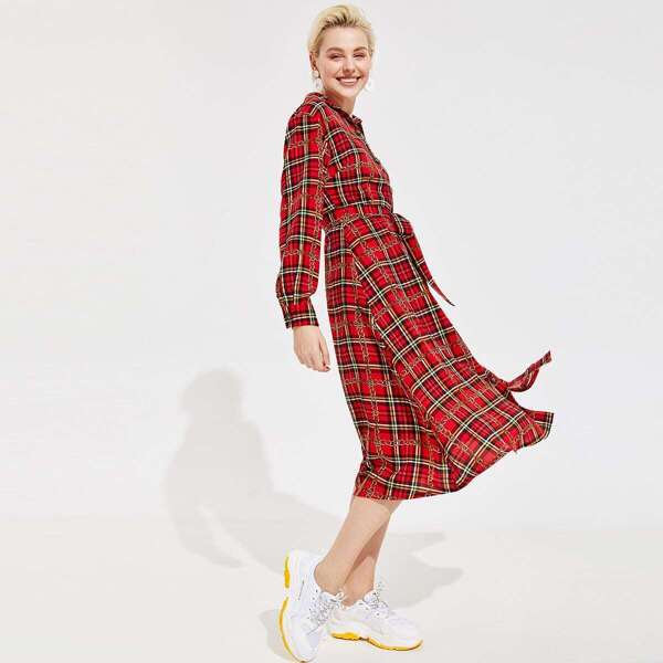 

Chain Print Plaid Shirt Dress With Belt