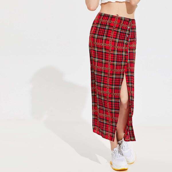 

Buttoned Split Front Chain & Plaid Skirt
