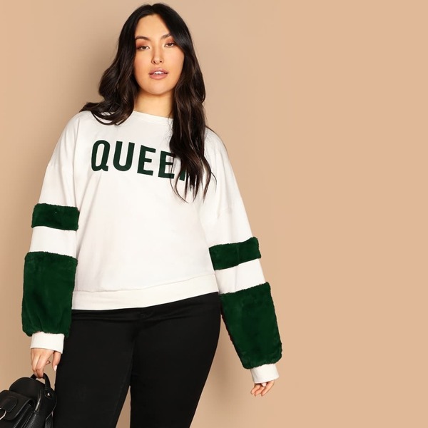 

Plus Contrast Faux Fur Detail Letter Print Pullover