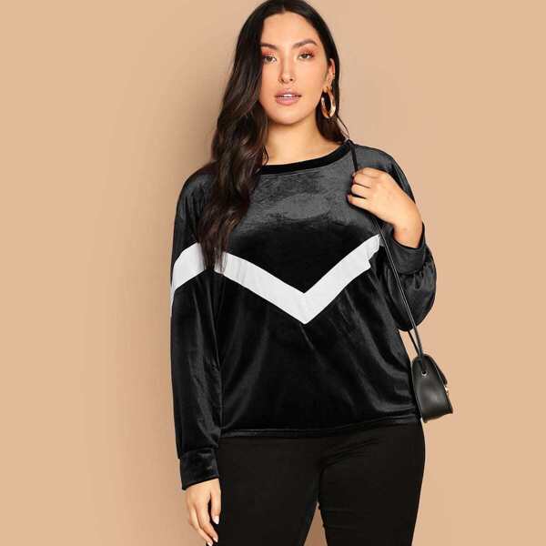 

Plus Color-block Chevron Velvet Pullover
