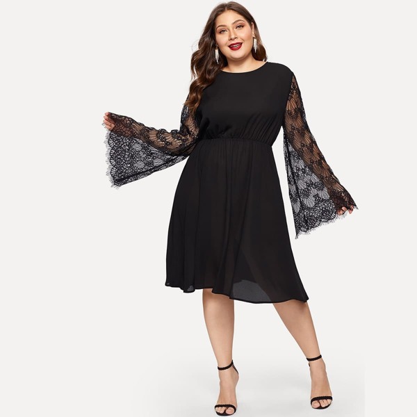 

Plus Lace Bell Sleeve High Waist Dress