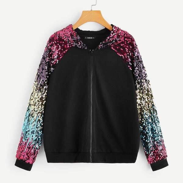 

Colorful Sequin Raglan Sleeve Zip Up Hoodie, Black