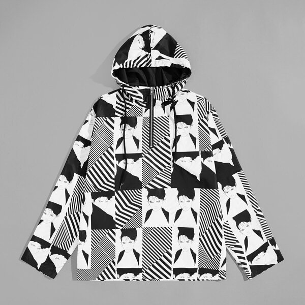 

Men Figure & Striped Print Half Placket Hooded Jacket