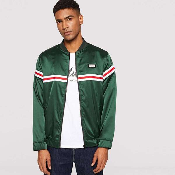 

Men Striped Tape Detail Satin Bomber Jacket