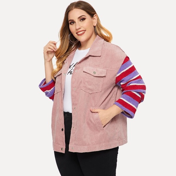 

Plus Button Up Flap Pocket Mixed Media Jacket, Pink