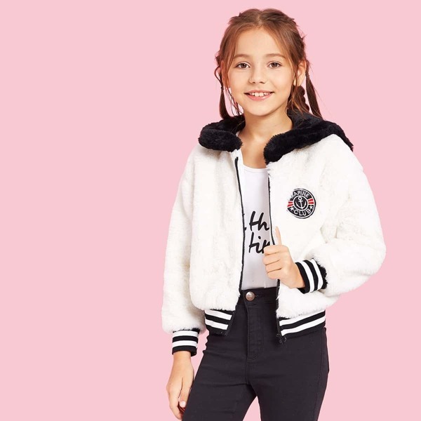 

Girls Zip Up Patched Detail Teddy Jacket, White