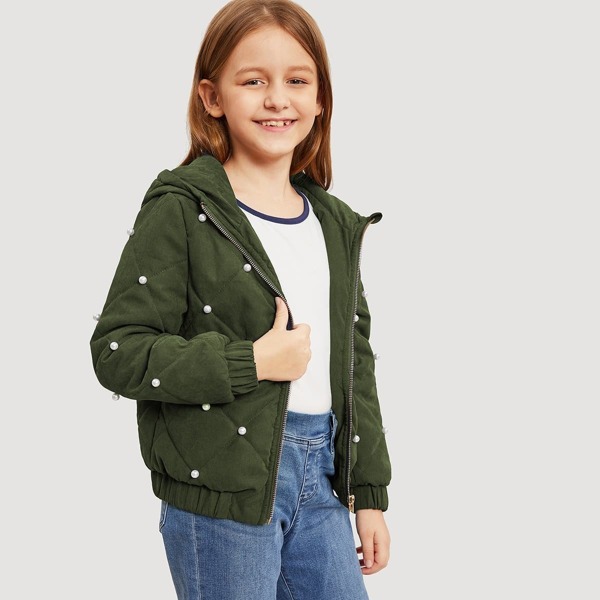 

Girls Zip Up Hooded Pearl Embellished Quilted Jacket