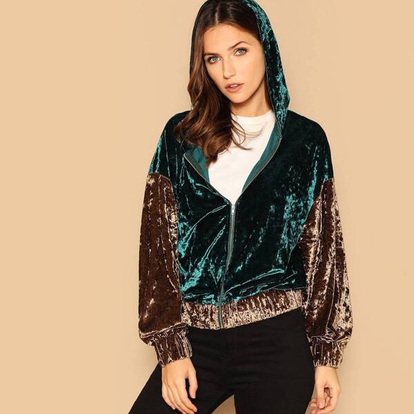 

Two Tone Zip Front Hooded Velvet Jacket
