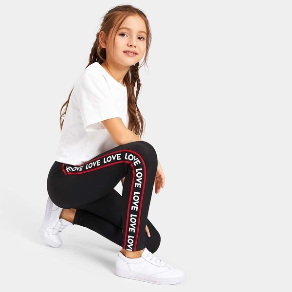 

Girls Letter Tape Side Leggings, Black