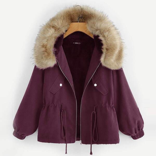

Drawstring Waist Faux Fur Trim Hooded Parka Coat