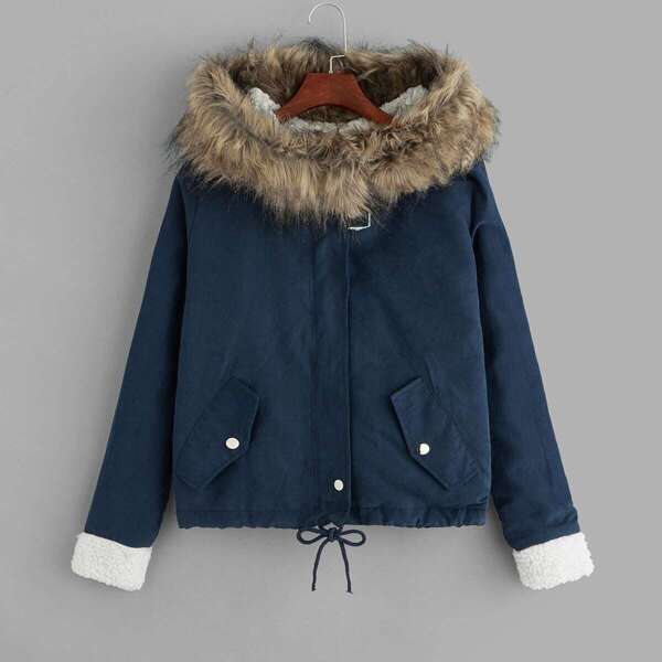 

Contrast Line Drawstring Hem Hooded Coat