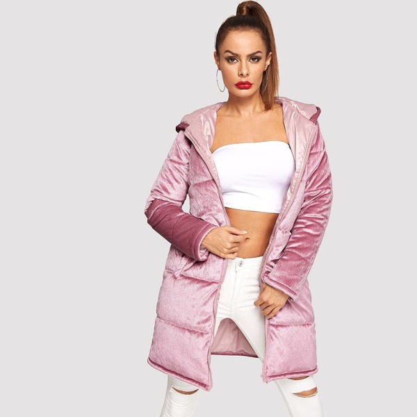 

Zip Up Hooded Velvet Puffer Longline Coat