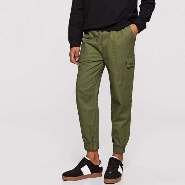 

Men Flap Pocket Side Elastic Hem Tapered Pants, Army green