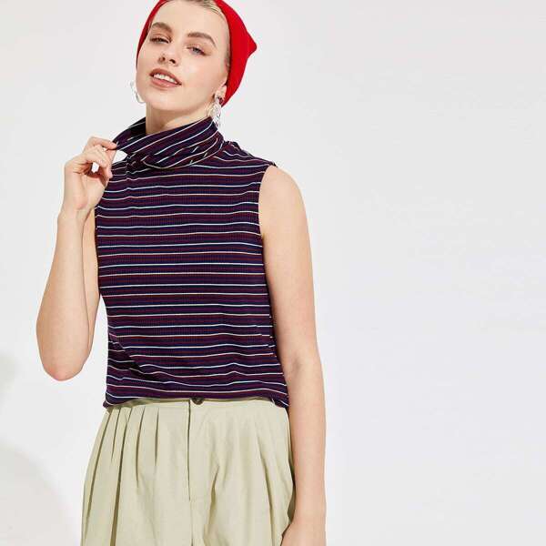 

Turtle Neck Ribbed Striped Tank Top
