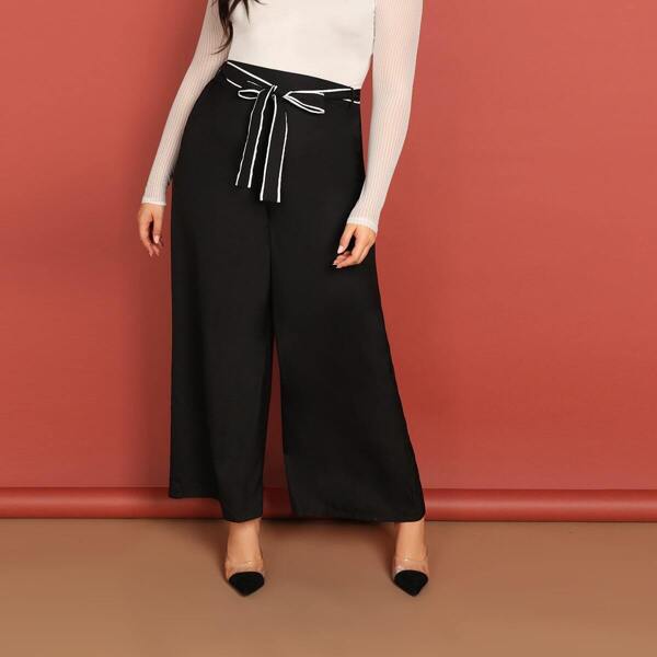 

Plus Wide Leg Pants With Contrast Binding Belt
