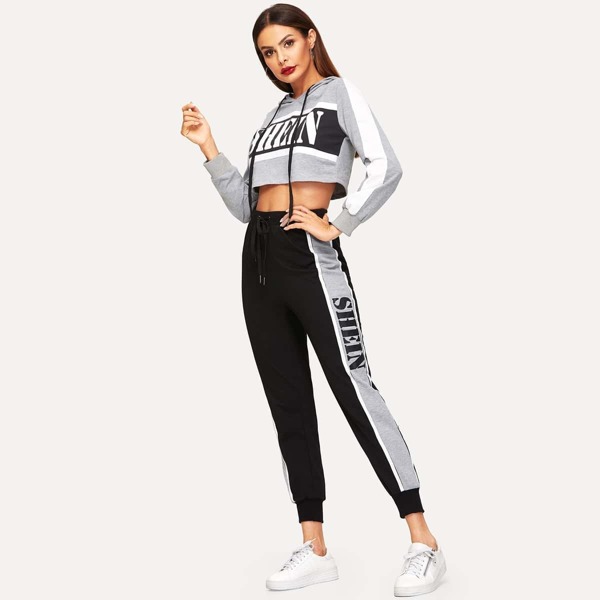 

Letter Print Crop Hoodie and Drawstring Waist Sweatpants Set, Multicolor