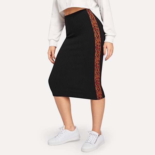 

Leopard Tape Rib-knit Bodycon Skirt