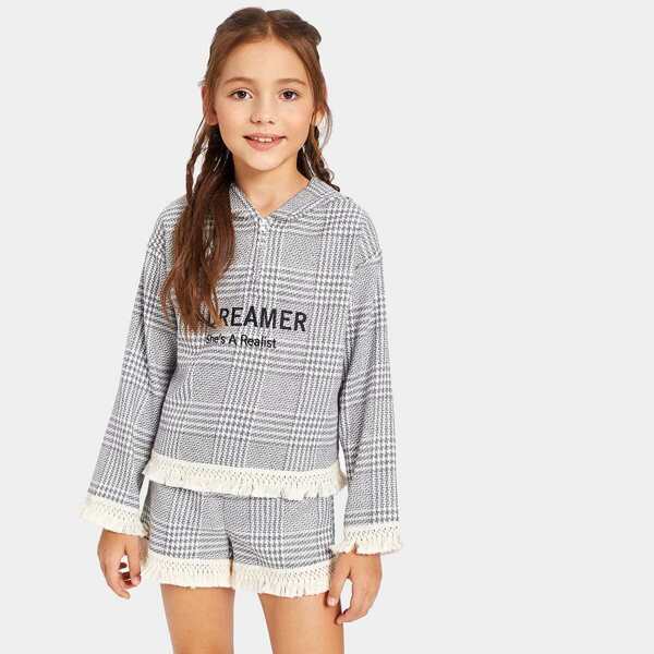 

Girls Fringe Hem Embroidered Plaid Hoodie & Shorts Set
