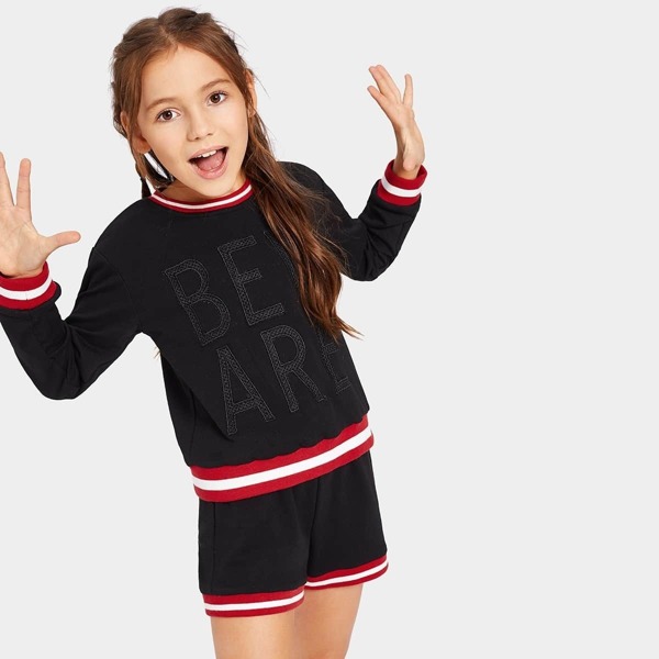 

Girls Striped Trim Letter Patch Pullover & Shorts Set, Black