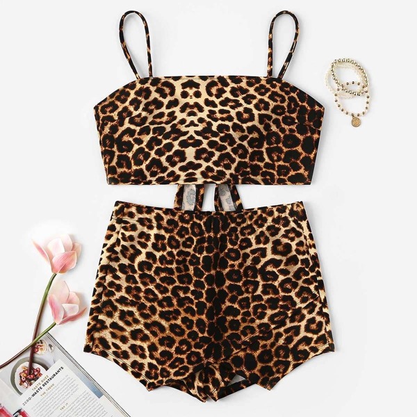 

Leopard Print Knot Back Cami Top and Wrap Shorts Set