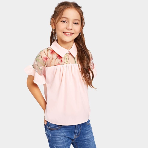

Girls Embroidery Mesh Insert Ruffle Sleeve Blouse, Pink
