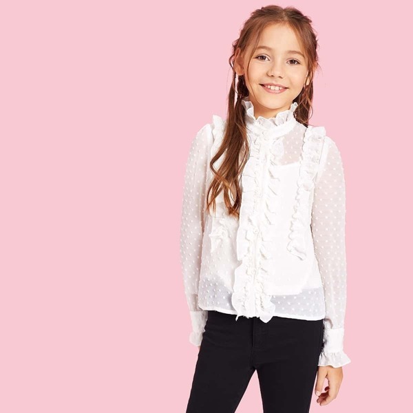 

Girls Dot Jacquard Frilled Semi Sheer Blouse