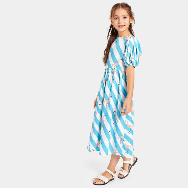 

Girls Crane Print Two-tone Dress