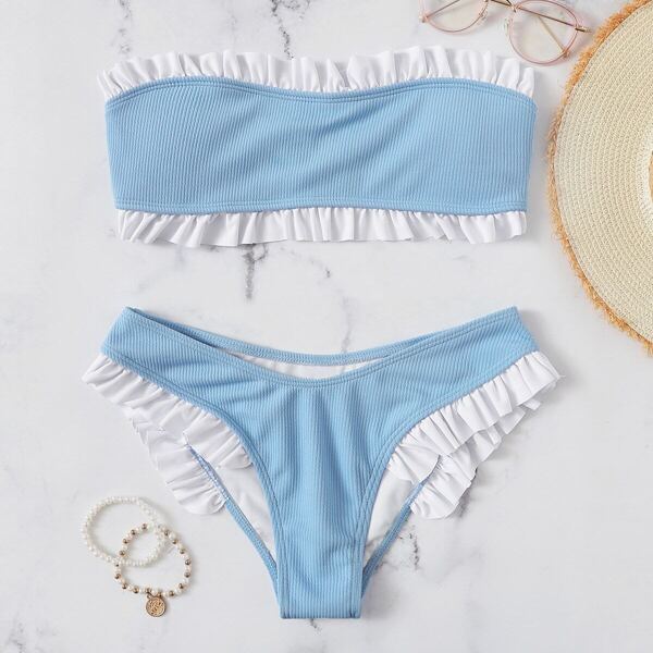 

Frill Trim Ribbed Bandeau With High Leg Bikini