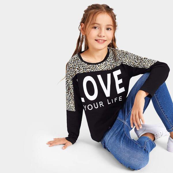 

Girls Letter & Leopard Print Tee