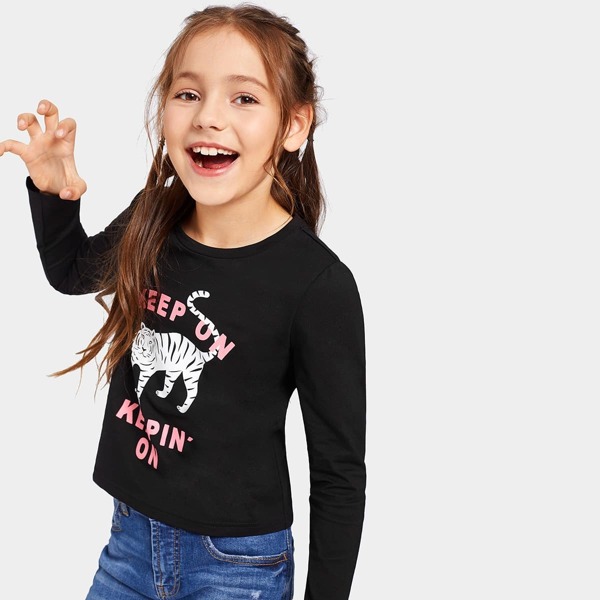 

Girls Letter And Tiger Print Tee