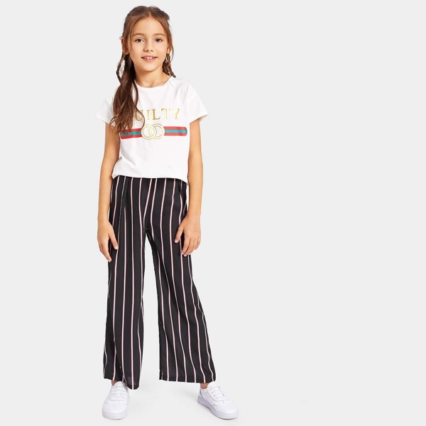 

Girls Stripe & Letter Print Tee & Pants Set, Multicolor