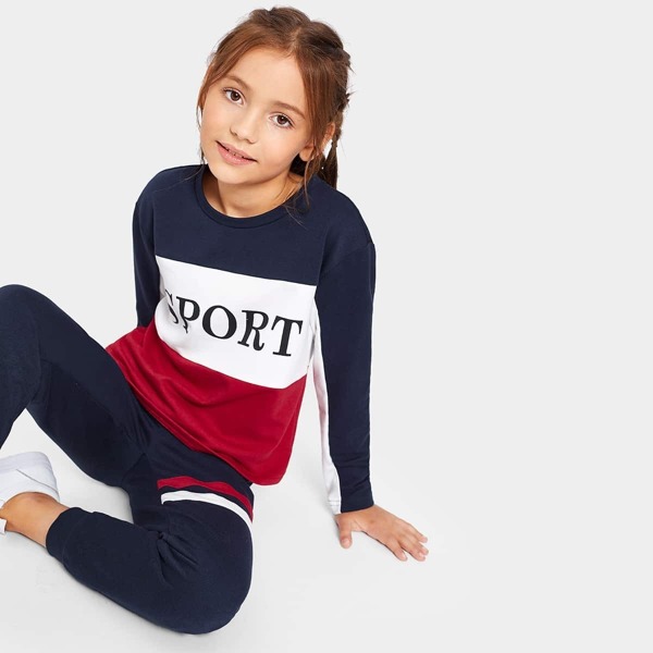 

Girls Color-block Letter Print Top & Striped Pants Set
