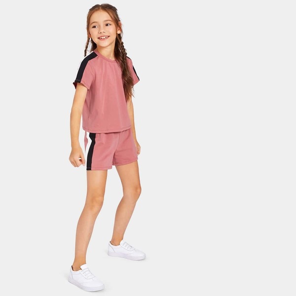 

Girls Contrast Panel Top & Drawstring Shorts Set, Pink