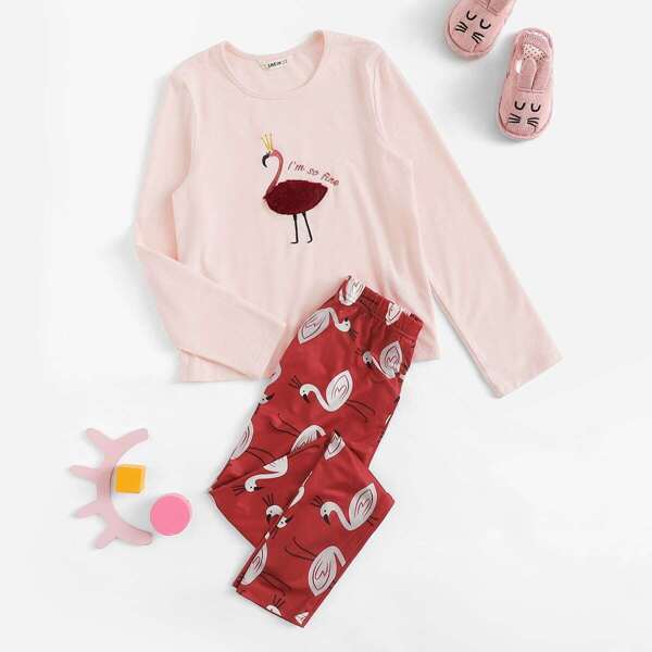 

Girls Faux Fur & Embroidery Flamingo Top & Pants Set