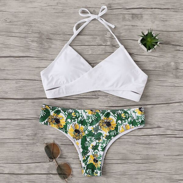 

Halter Top With Random Tropical Low Rise Bikini