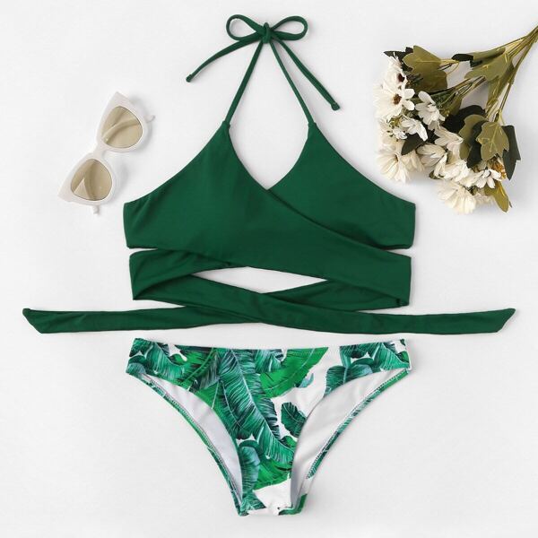 

Wrap Top With Random Tropical Low Rise Bikini