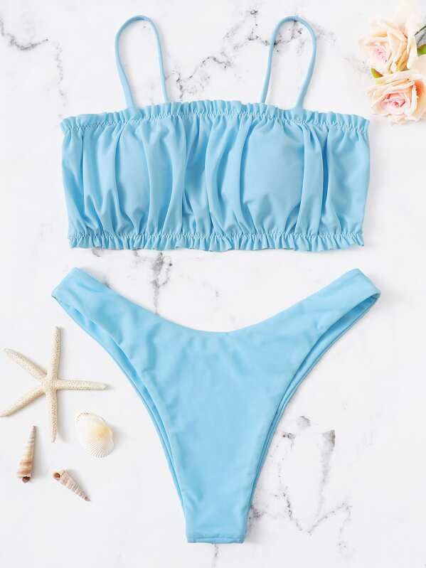 

Ruched Bandeau With High Cut Bikini Set, Blue