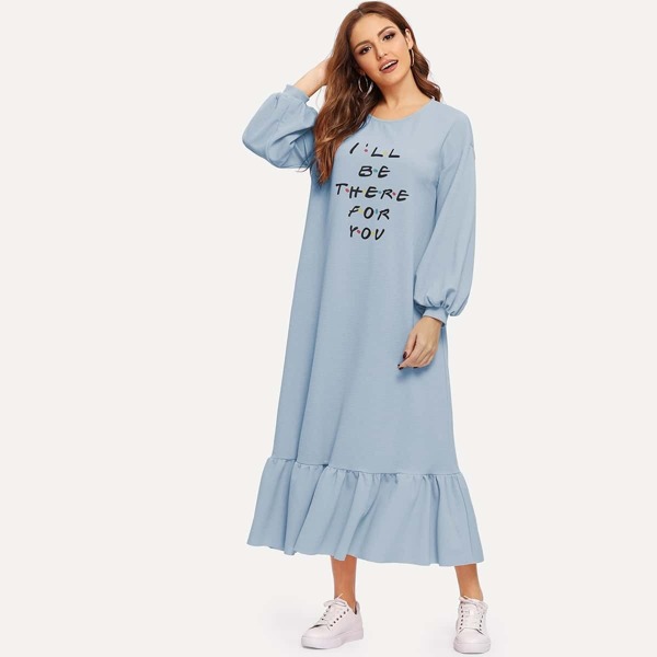 

Lantern Sleeve Letter Print Ruffle Hem Dress