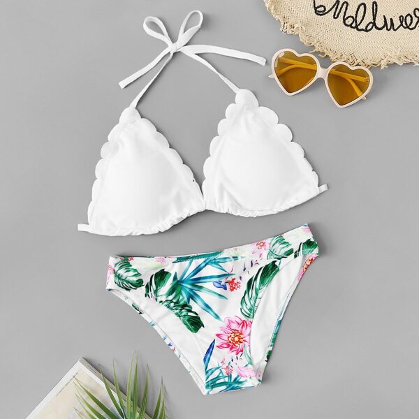 

Scalloped Trim Halter Top With Random Tropical Bikini, Multicolor