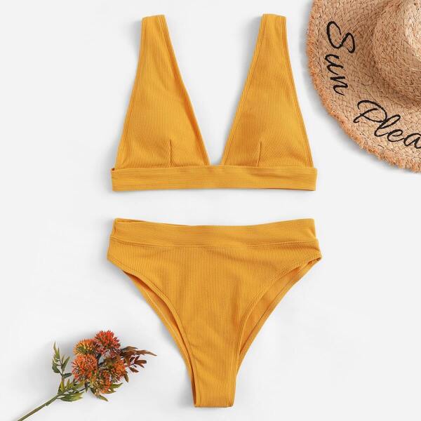

Ribbed V-plunge Top With High Leg Bikini