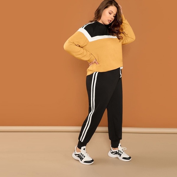 

Plus Color-block Sweatshirt & Drawstring Sweatpants Set