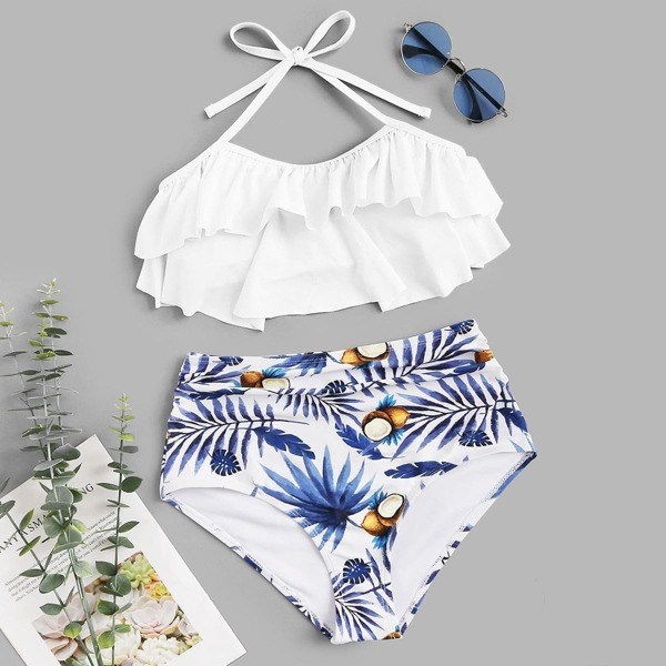 

Tiered Layer Top With Random Tropical Ruched Bikini, Multicolor