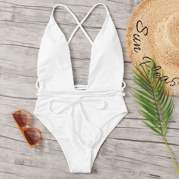 

Plunging Criss Cross Back One Piece Swimwear, White