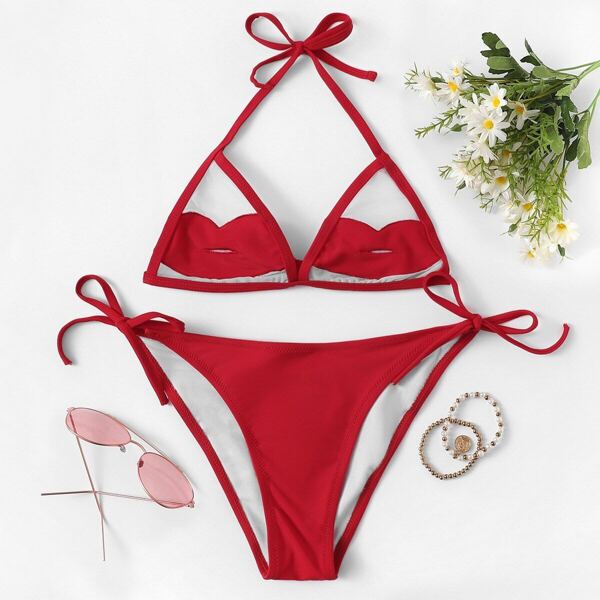 

Lips Pattern Halter Top With Tie Side Bikini, Red