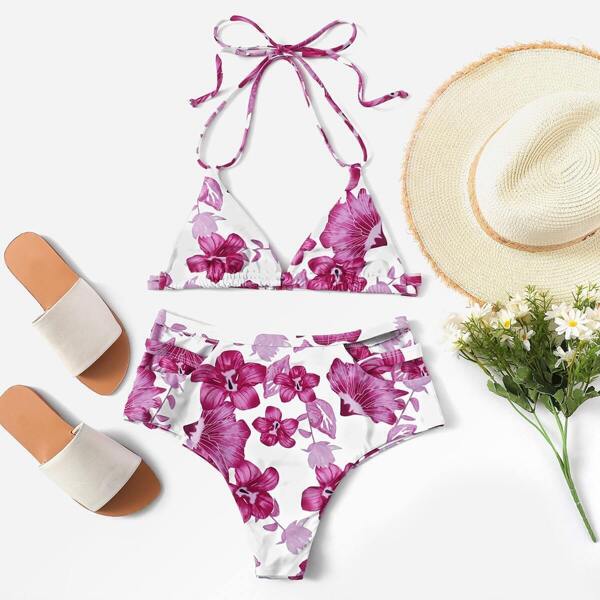 

Random Floral Halter Top With High Waist Bikini, Multicolor
