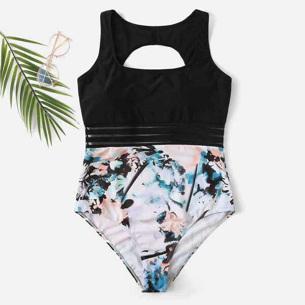 

Random Ink Drawstring Cut-out One Piece Swimwear, Multicolor