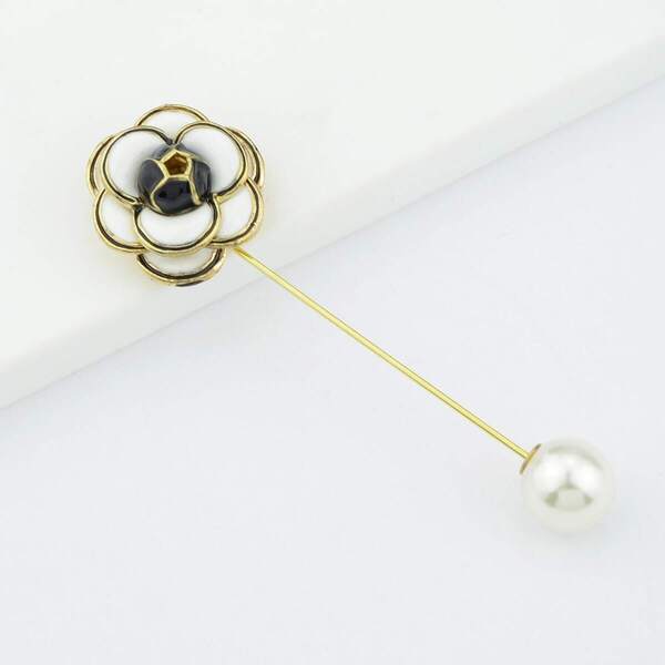 

White Enamel With Simulated-Pearl Flower Brooch